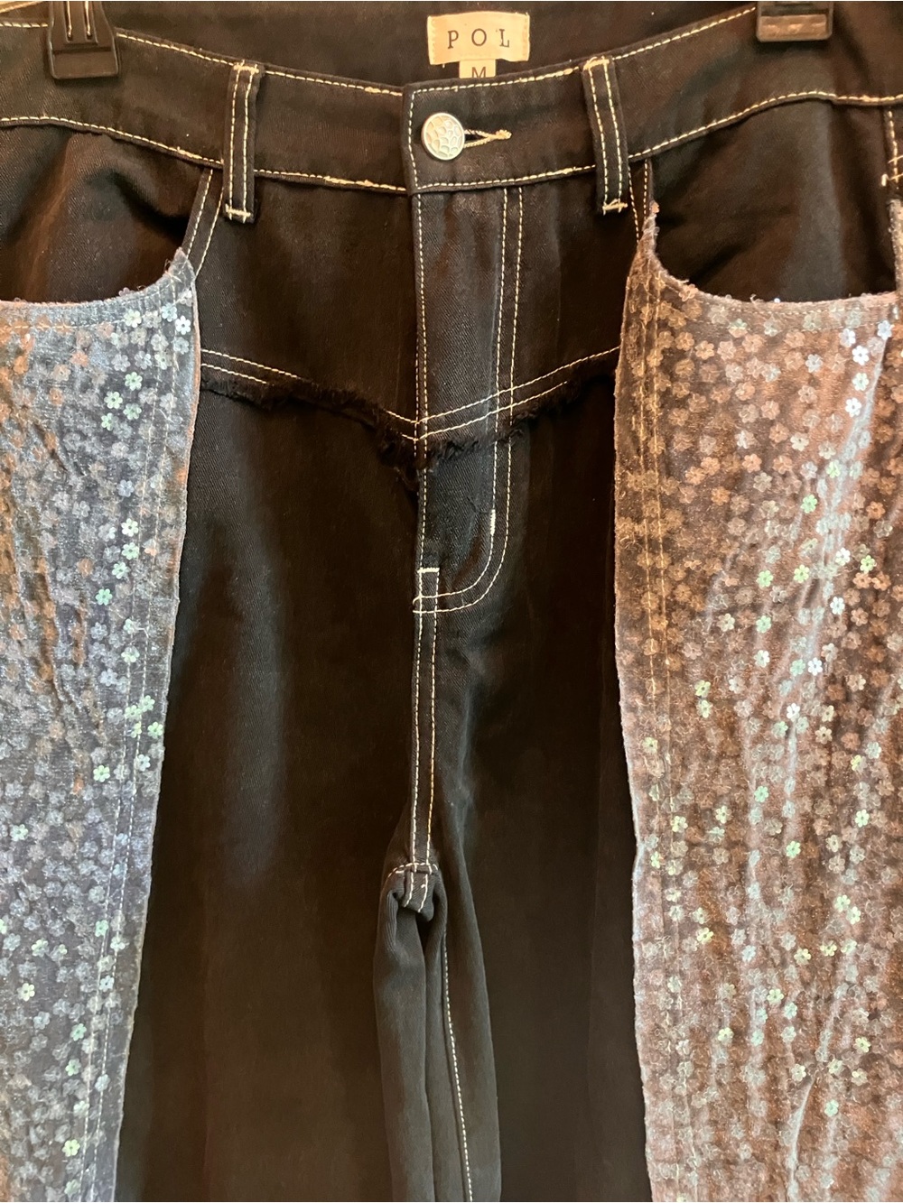 POL Floral Sequin-Panel Wide Leg Jeans - Black NWOT Size Medium - Picture 3 of 8